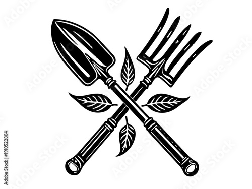 Gekreuzte Schaufel und Rechen mit Blättern als Badge-Motiv. Ideal für Hobbygärtner und Werkstatt-Dekoration.KI Generiert