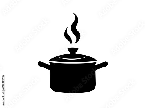 Ein Kochtopf mit aufsteigendem Dampf als schlichtes Symbol. Gut geeignet für personalisierte Küchenaccessoires.KI Generiert
