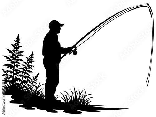 Ein Angler beim Auswerfen der Rute als geschlossene Silhouette. Perfekt für Outdoor-, Hobby- oder Vereinsgravuren.ki Generiert