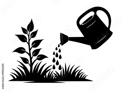 Eine Gießkanne, die eine wachsende Pflanze bewässert. Sehr geeignet für Gartenschilder oder personalisierte Geschenke.KI Generiert