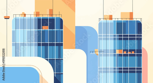 Flat design of modern blue glass skyscrapers with orange accents