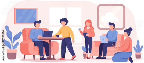 Diverse group of people working and relaxing together indoors