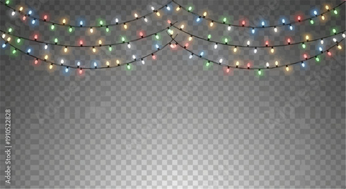 Festive multi-colored string lights draped across a transparent background
