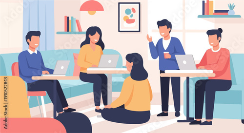 Diverse group of people working and socializing together in a cozy modern space