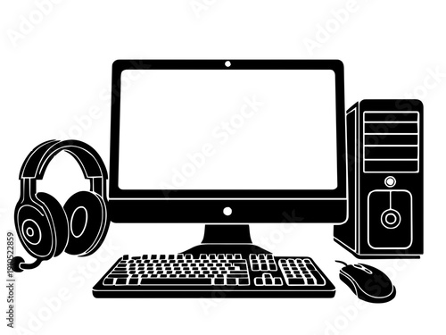 Ein Computer-Setup mit Monitor, Tastatur, Maus und Headset. Perfekt für Gamer-Geschenke oder Namensschilder.KI Generiert