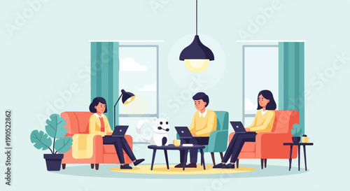 Flat illustration of people working remotely with a pet