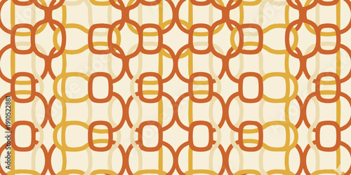 An intricate pattern of interconnected orange and yellow chains on a subtle grid background viewed from directly above