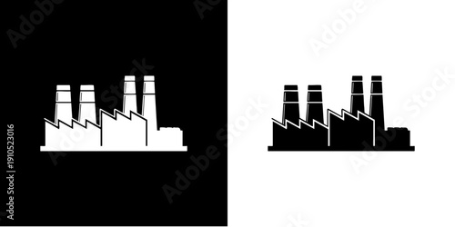 Industrial landscape illustration featuring factories and smokestacks in a contrasting black and white environment from a frontal viewpoint.