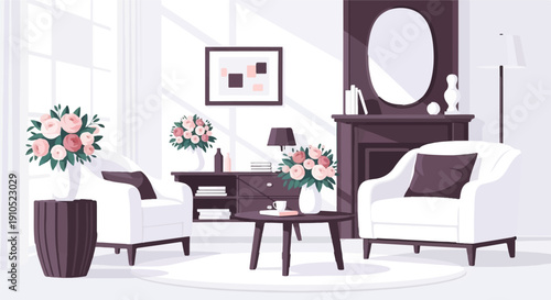 Elegant living room with plush chairs, floral arrangements, and ambient lighting