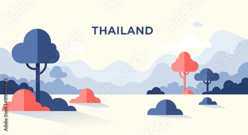 Flat illustration of stylized trees and rolling hills with the word Thailand