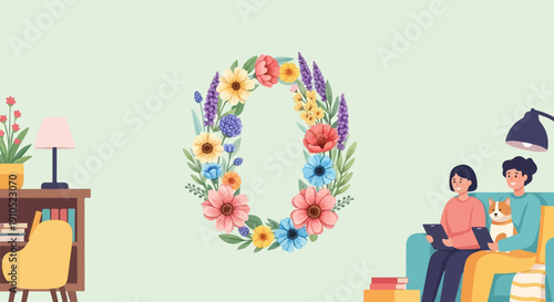 Family relaxing on couch with dog near bookshelf and floral wreath