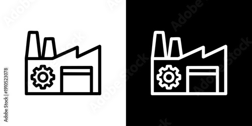 Industrial facility icon illustration with gear symbol on contrasting backgrounds