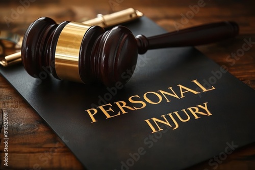 Wooden gavel resting on a black leather personal injury folder with gold lettering on a wooden desk, conveying legal authority and seriousness