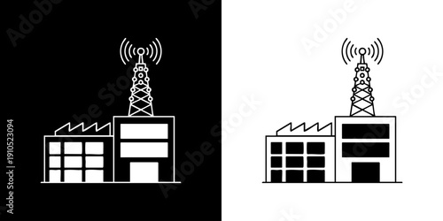 Industrial building with a telecommunications tower emitting signals on a contrasting background from a straightforward viewpoint