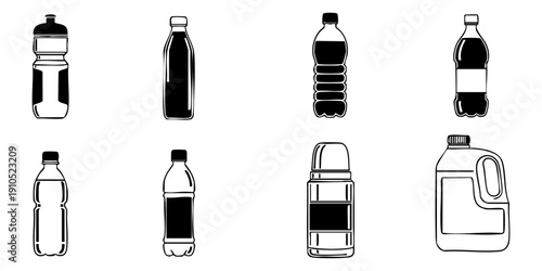Various plastic bottles and containers arranged in a grid pattern on a plain white background viewed from directly above