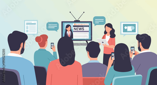 Diverse audience watches a news report on TV, some recording on smartphones, others discussing