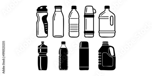 Collection of various beverage containers and bottles displayed from a straightforward front view.