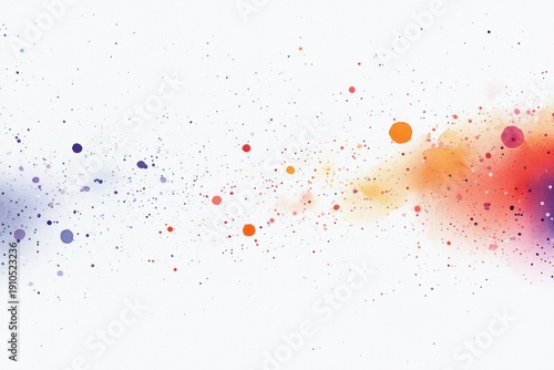 horizontal trail of colorful watercolor splatters and soft pigment clouds on white background, playful and airy