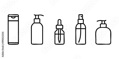 Various cosmetic bottles and containers illustrated in a minimalist line art style