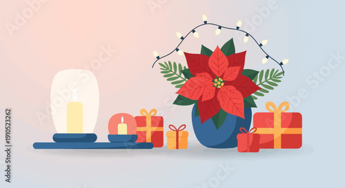 Festive scene with poinsettia, glowing candles, and gift boxes under fairy lights