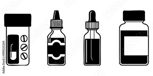A collection of four medical bottles with distinct designs and dropper, viewed from the front