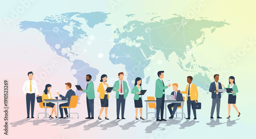 Diverse business professionals collaborating globally with a world map background