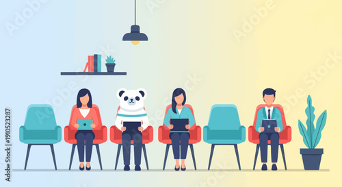 Diverse group waits in chairs, one in a panda costume, holding tablets