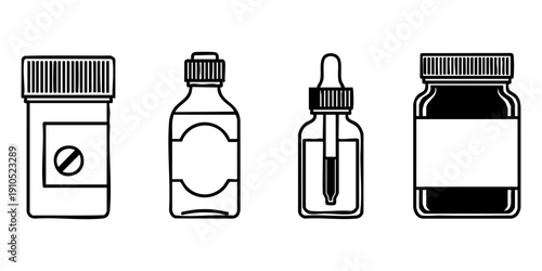 Collection of various medicine bottles and a dropper bottle on a plain background from a straightforward viewpoint