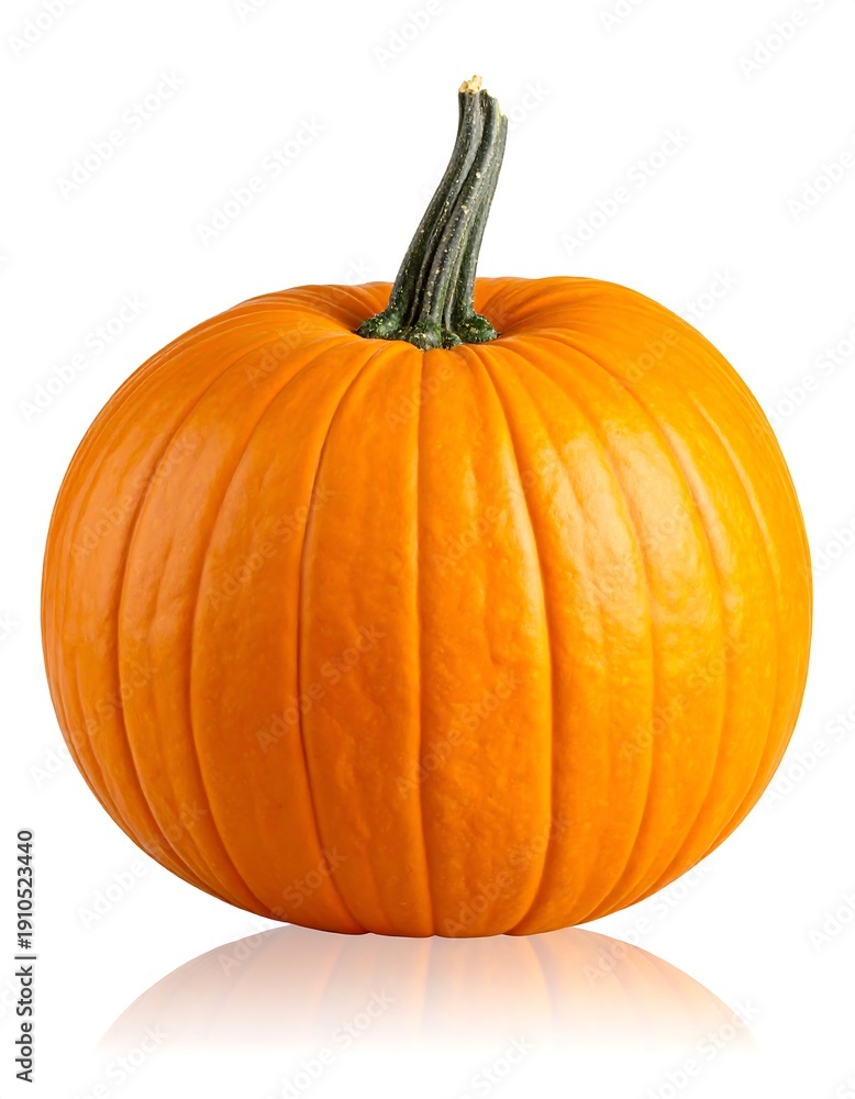 Obraz premium Rounded orange pumpkin with a green, ribbed stem, isolated on a white background