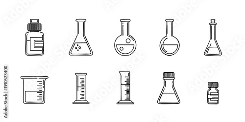 Collection of Laboratory Equipment Illustrations Featuring Flasks, Beakers, and Bottles in Various Shapes and Sizes