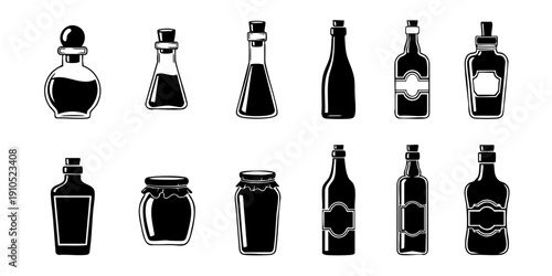 Collection of various perfume and liquor bottles illustrated in black and white