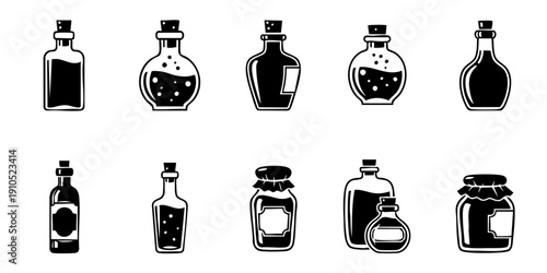 Assorted vintage bottles set against a white background, captured in a straightforward illustration style