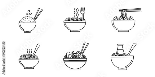 Assorted bowls of noodle dishes and soups displayed with utensils, captured from a straightforward viewpoint