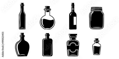 Various bottles and jars in different shapes, sizes, and styles, depicted in a collection of illustrations