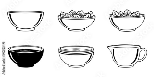 Collection of various bowls and a pitcher in simple line art style on a plain background