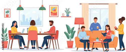 Diverse group working and relaxing together in a modern living space