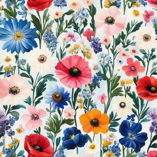 Vibrant seamless floral pattern of colorful wildflowers, anemone and daisy blooms with green leaves and stems on a white background, cheerful springtime mood