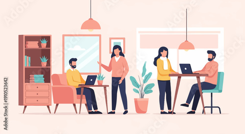 Diverse team collaborates remotely in a modern office