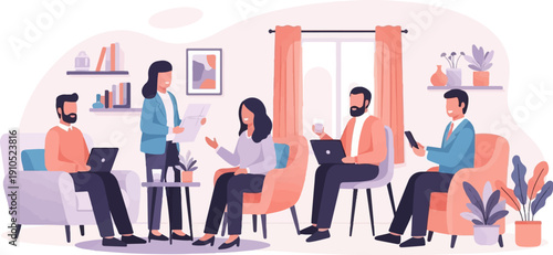 Diverse colleagues collaborate and work on laptops and phones in a cozy office