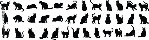Black cat silhouette vector illustrations, feline poses, creative animal art, sitting standing walking stretching designs, logo inspiration, tattoo graphics