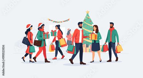 Festive shoppers with gifts and bags near a decorated Christmas tree