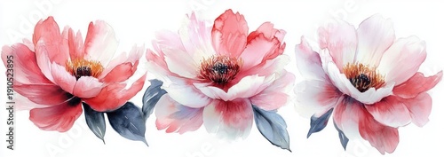 three soft watercolor peony blooms in pink and coral with blue-gray leaves, delicate romantic and airy mood