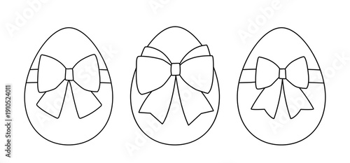 Easter egg tied with bows outline coloring pages set.
Cute patterned Easter egg isolated line art.
Happy Easter egg coloring template for kids.
White background. SVG.