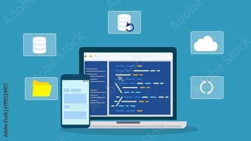 Wallpaper Mural Laptop and smartphone displaying coding interface connected to cloud file management system, representing storage access, data synchronization, and software development workflow.
 Torontodigital.ca