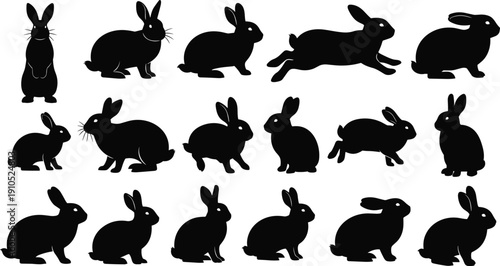 Collection of rabbit silhouettes in diverse poses, depicting sitting, hopping, running, crouching, and upright stances for vector illustration design