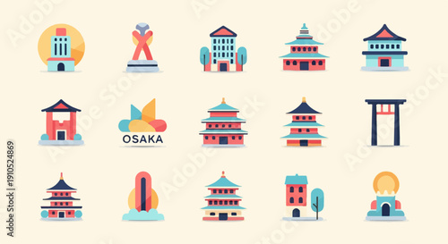 Flat icons represent Japanese landmarks and architecture in a colorful palette
