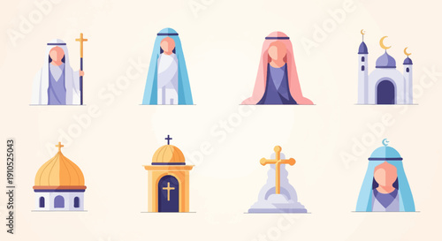 Flat icons of religious figures and buildings