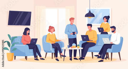 Diverse group working remotely, collaborating on laptops, and enjoying beverages