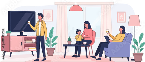 Family relaxing indoors, watching television and using devices