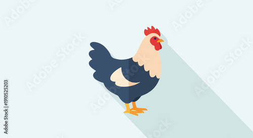 Flat illustration of a chicken with a blue body, beige neck, red comb, and orange legs